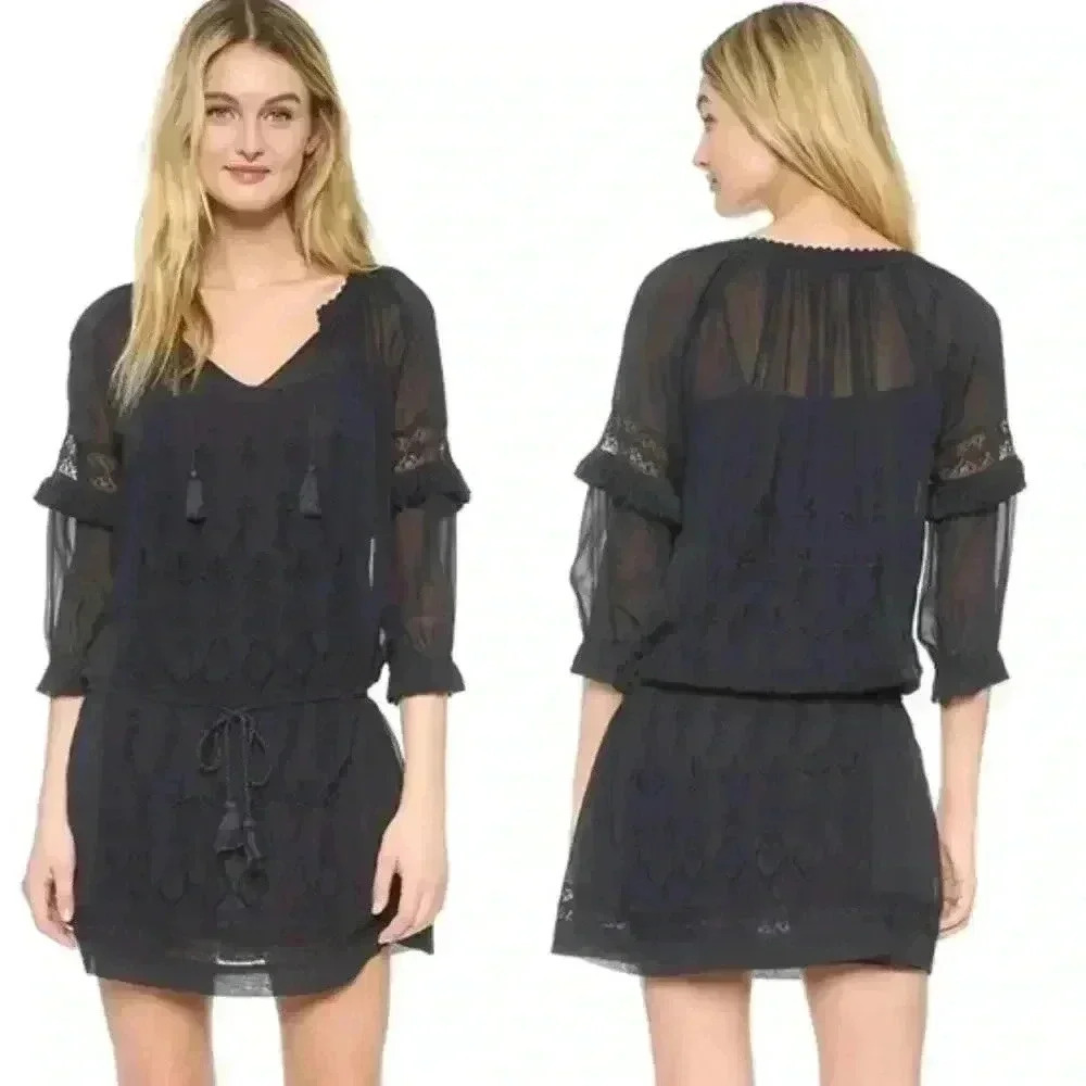 Ulla Jonson Frances Mini Dress in Midnight Blue Tassel Embroidered Silk Size 8